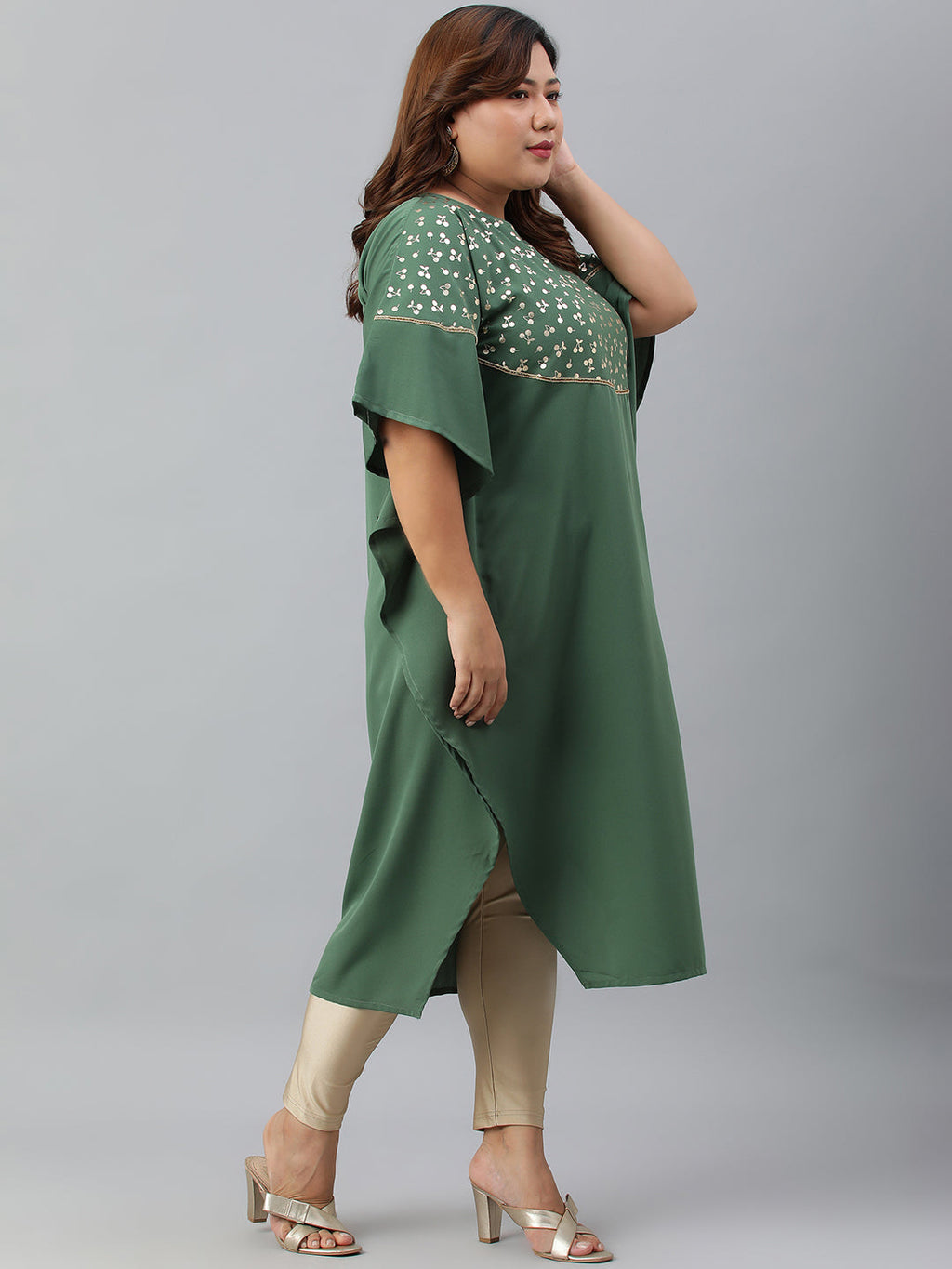 Janasya Women's Green Poly Crepe Foil Print Casual Kaftan kurta | Grocsy