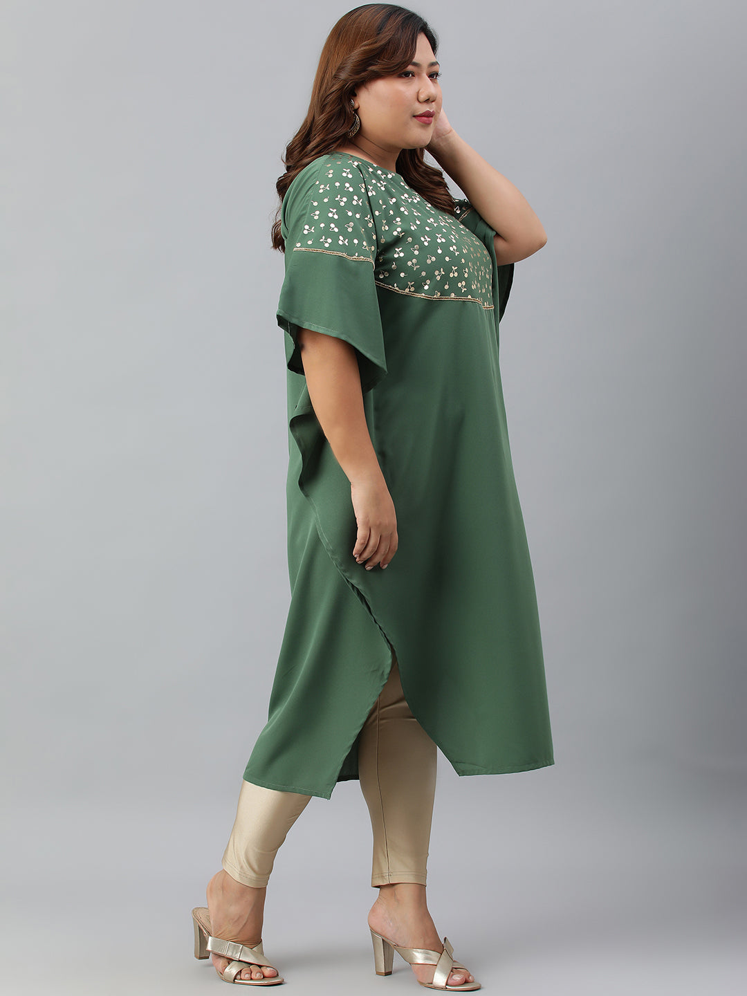 Janasya Women's Green Poly Crepe Foil Print Casual Kaftan kurta | Grocsy