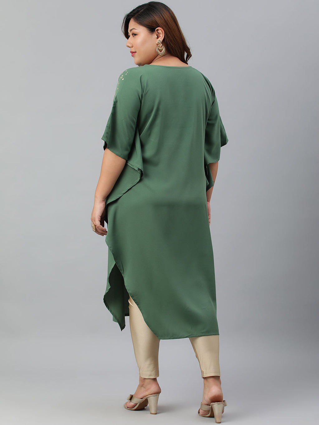 Janasya Women's Green Poly Crepe Foil Print Casual Kaftan kurta | Grocsy