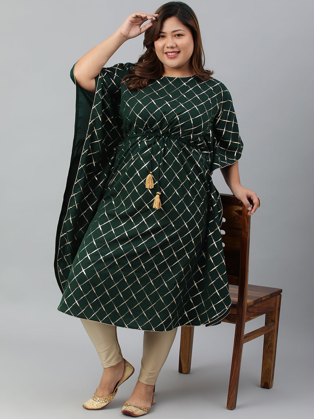Janasya Women's Green Poly Crepe Checkered Festive & Party Kaftan kurta | Grocsy