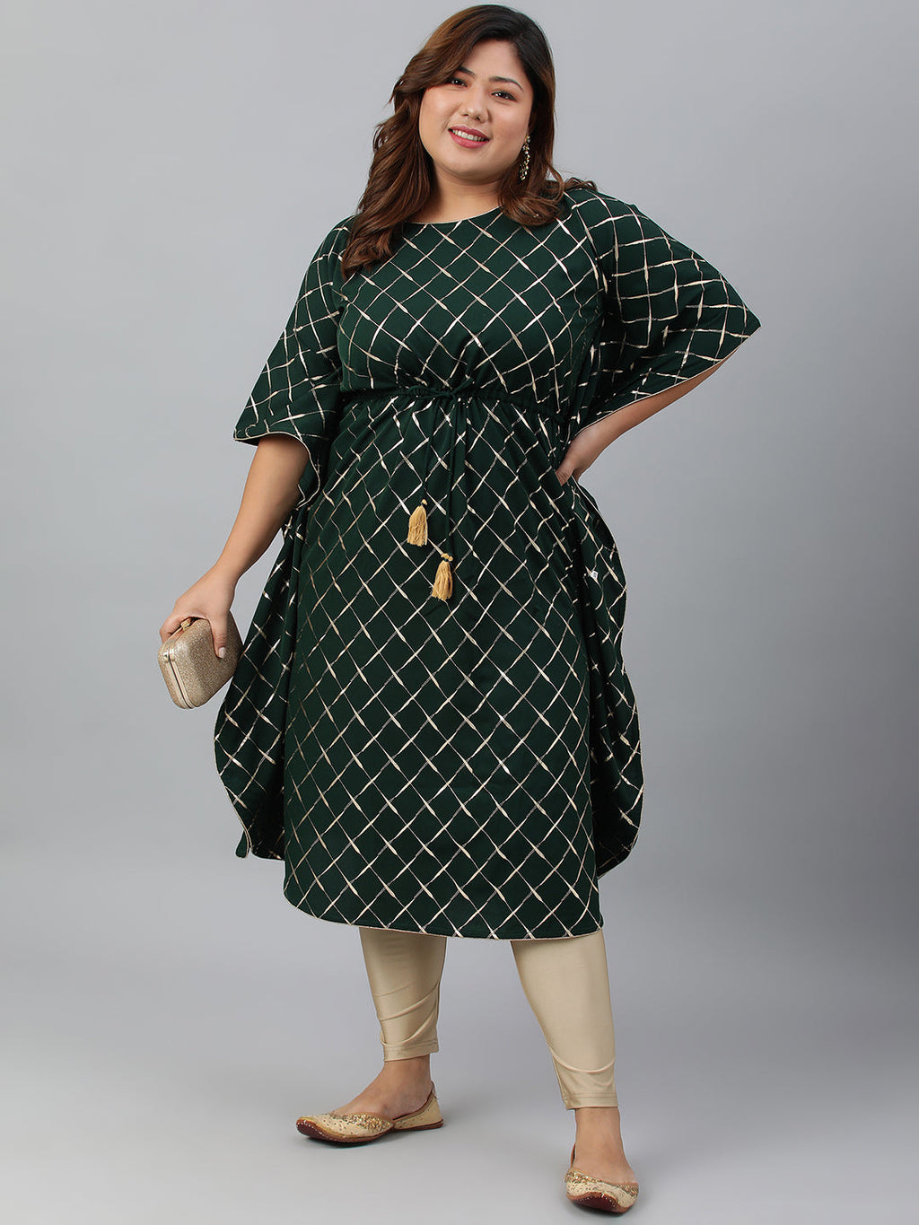 Janasya Women's Green Poly Crepe Checkered Festive & Party Kaftan kurta | Grocsy