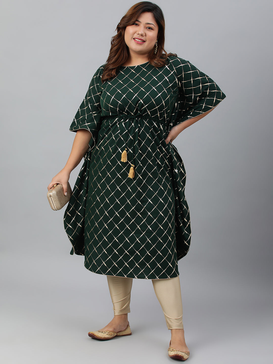 Janasya Women's Green Poly Crepe Checkered Festive & Party Kaftan kurta | Grocsy