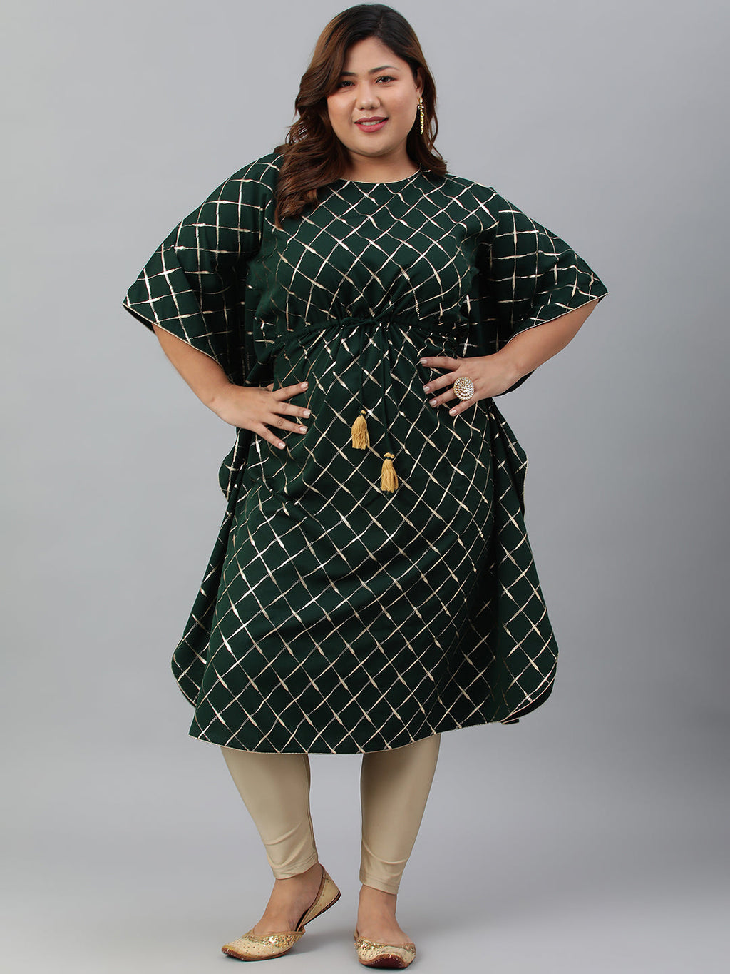 Janasya Women's Green Poly Crepe Checkered Festive & Party Kaftan kurta | Grocsy
