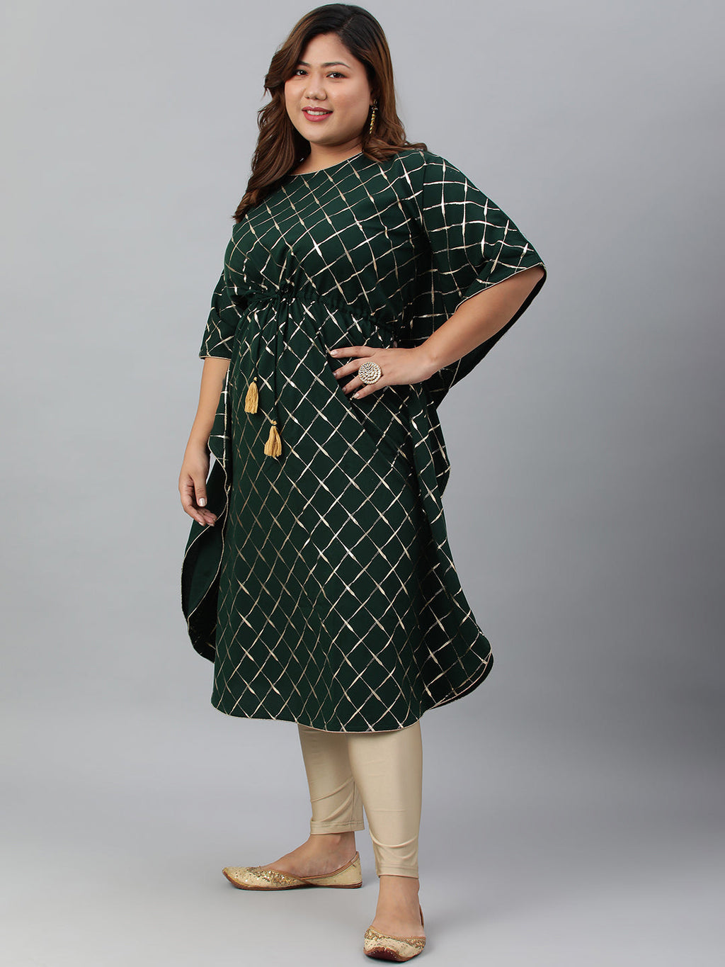 Janasya Women's Green Poly Crepe Checkered Festive & Party Kaftan kurta | Grocsy