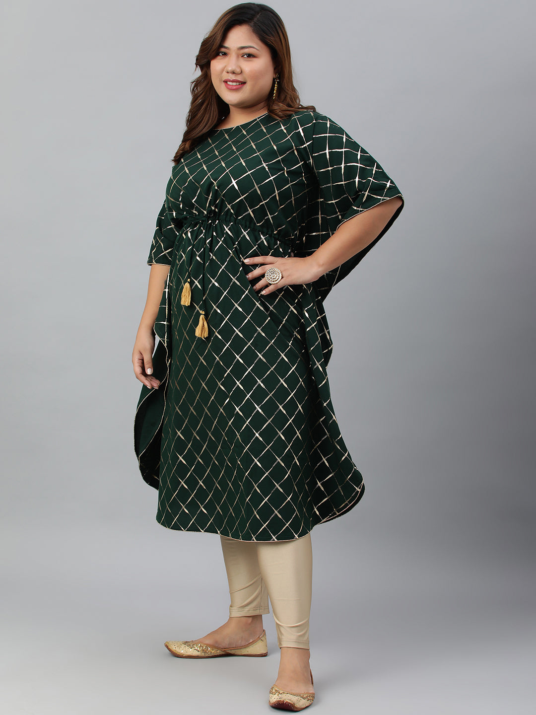 Janasya Women's Green Poly Crepe Checkered Festive & Party Kaftan kurta | Grocsy