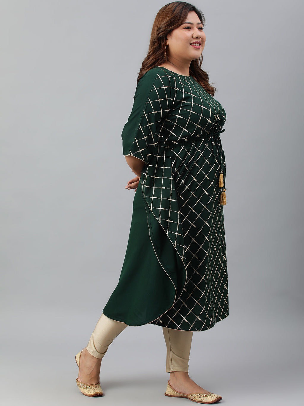 Janasya Women's Green Poly Crepe Checkered Festive & Party Kaftan kurta | Grocsy