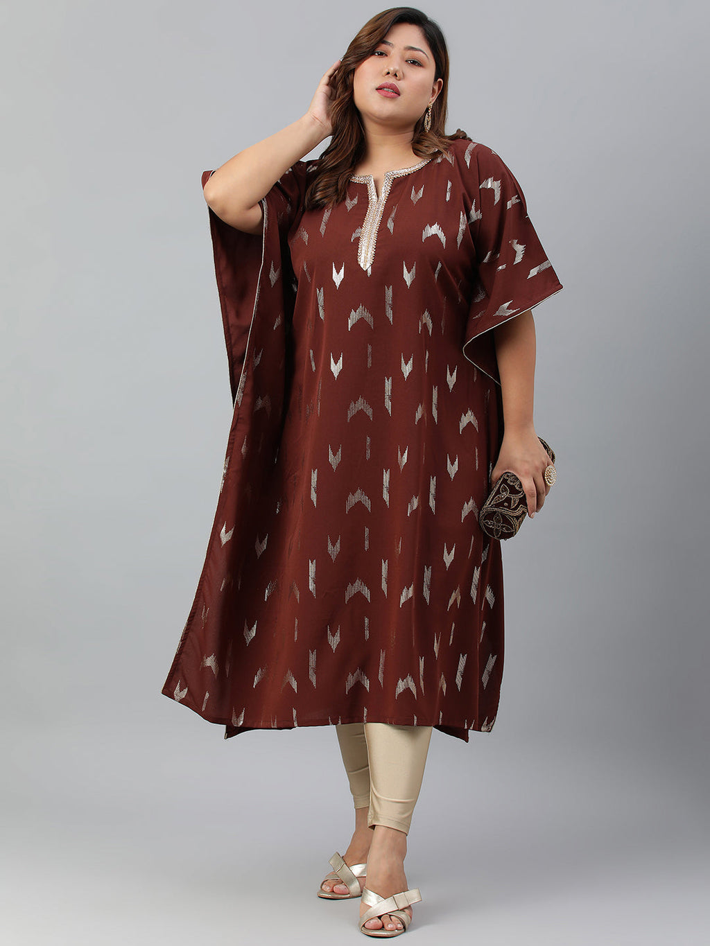 Janasya Women's Brown Poly Crepe Geometric Print Festive & Party Kaftan kurta | Grocsy