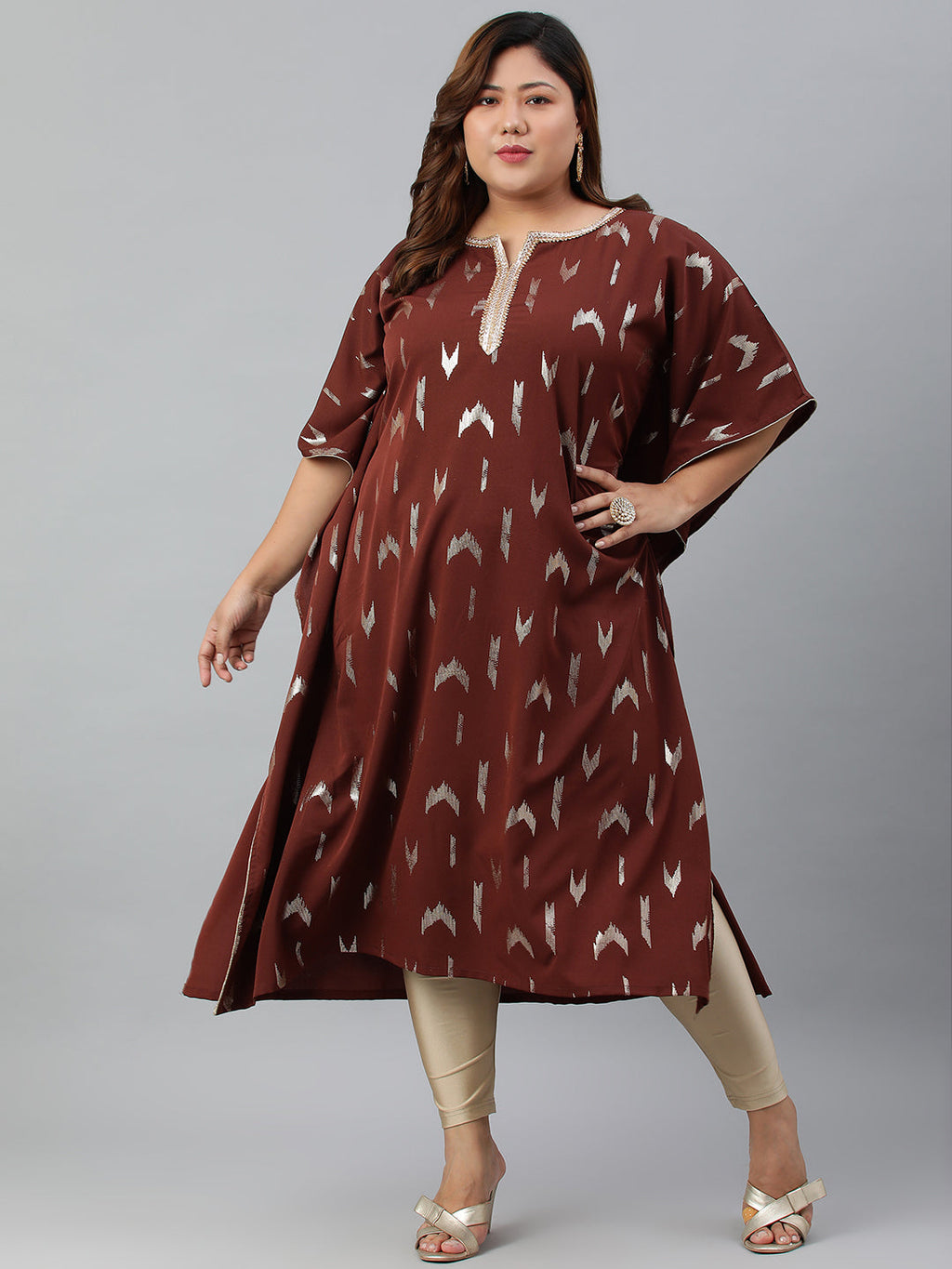 Janasya Women's Brown Poly Crepe Geometric Print Festive & Party Kaftan kurta | Grocsy