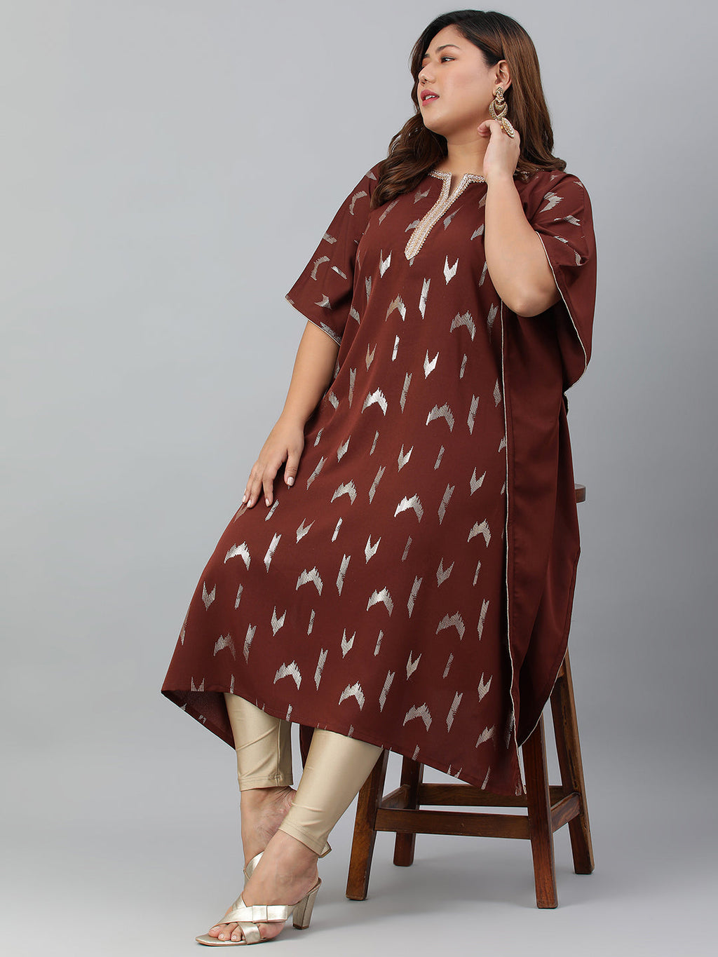 Janasya Women's Brown Poly Crepe Geometric Print Festive & Party Kaftan kurta | Grocsy