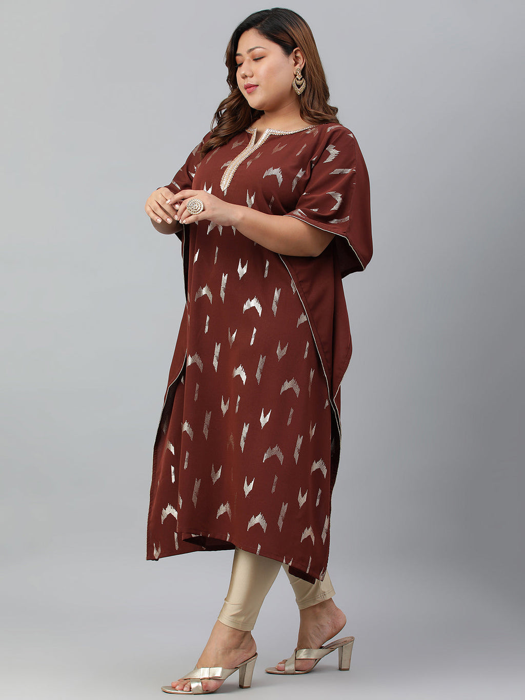Janasya Women's Brown Poly Crepe Geometric Print Festive & Party Kaftan kurta | Grocsy