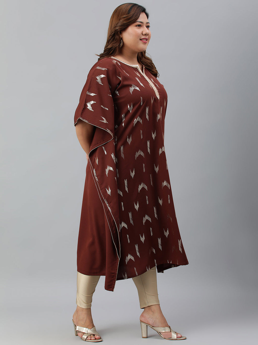 Janasya Women's Brown Poly Crepe Geometric Print Festive & Party Kaftan kurta | Grocsy