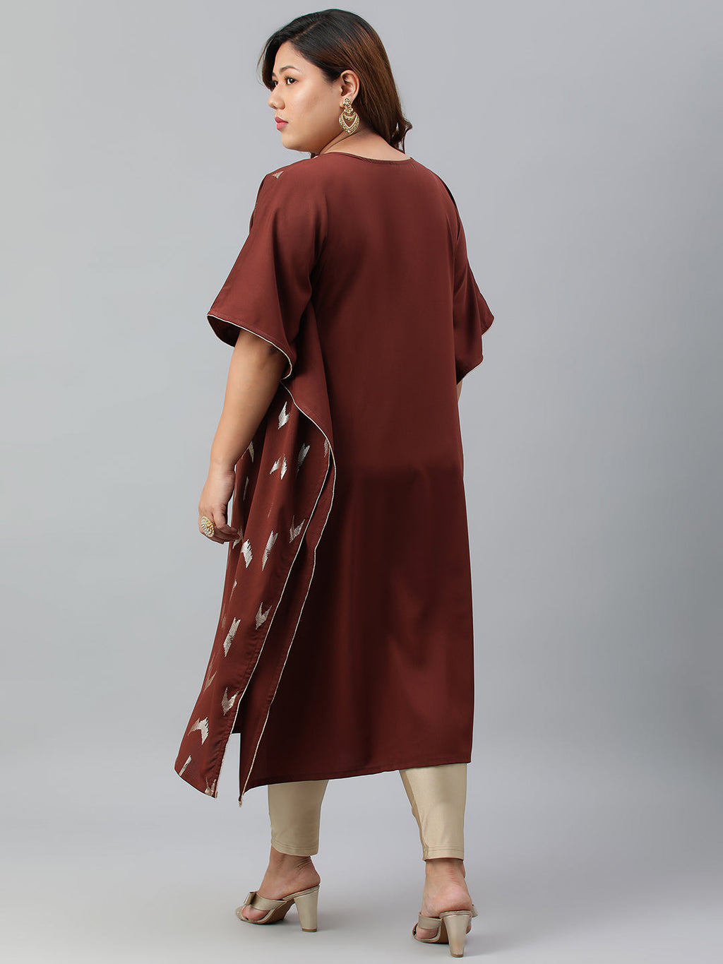 Janasya Women's Brown Poly Crepe Geometric Print Festive & Party Kaftan kurta | Grocsy