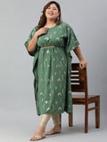 Janasya Women's Green Poly Crepe Foil Print Festive & Party Kaftan kurta | Grocsy