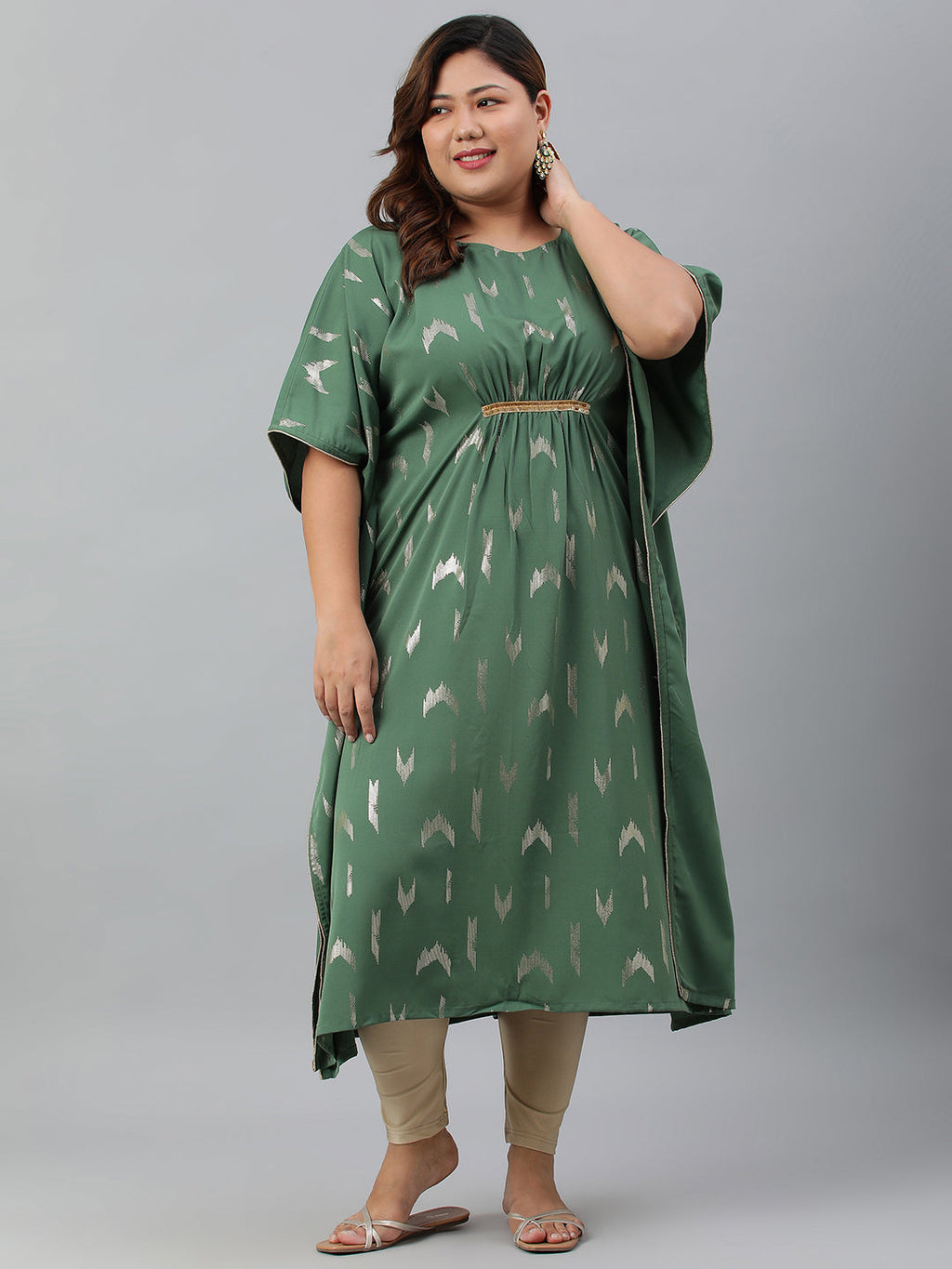 Janasya Women's Green Poly Crepe Foil Print Festive & Party Kaftan kurta | Grocsy