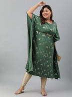Janasya Women's Green Poly Crepe Foil Print Festive & Party Kaftan kurta | Grocsy