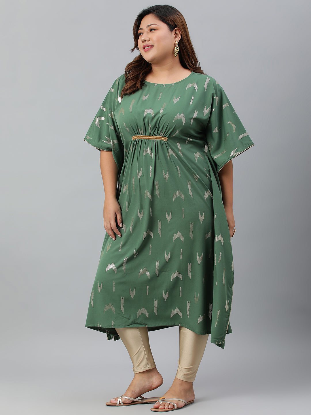 Janasya Women's Green Poly Crepe Foil Print Festive & Party Kaftan kurta | Grocsy