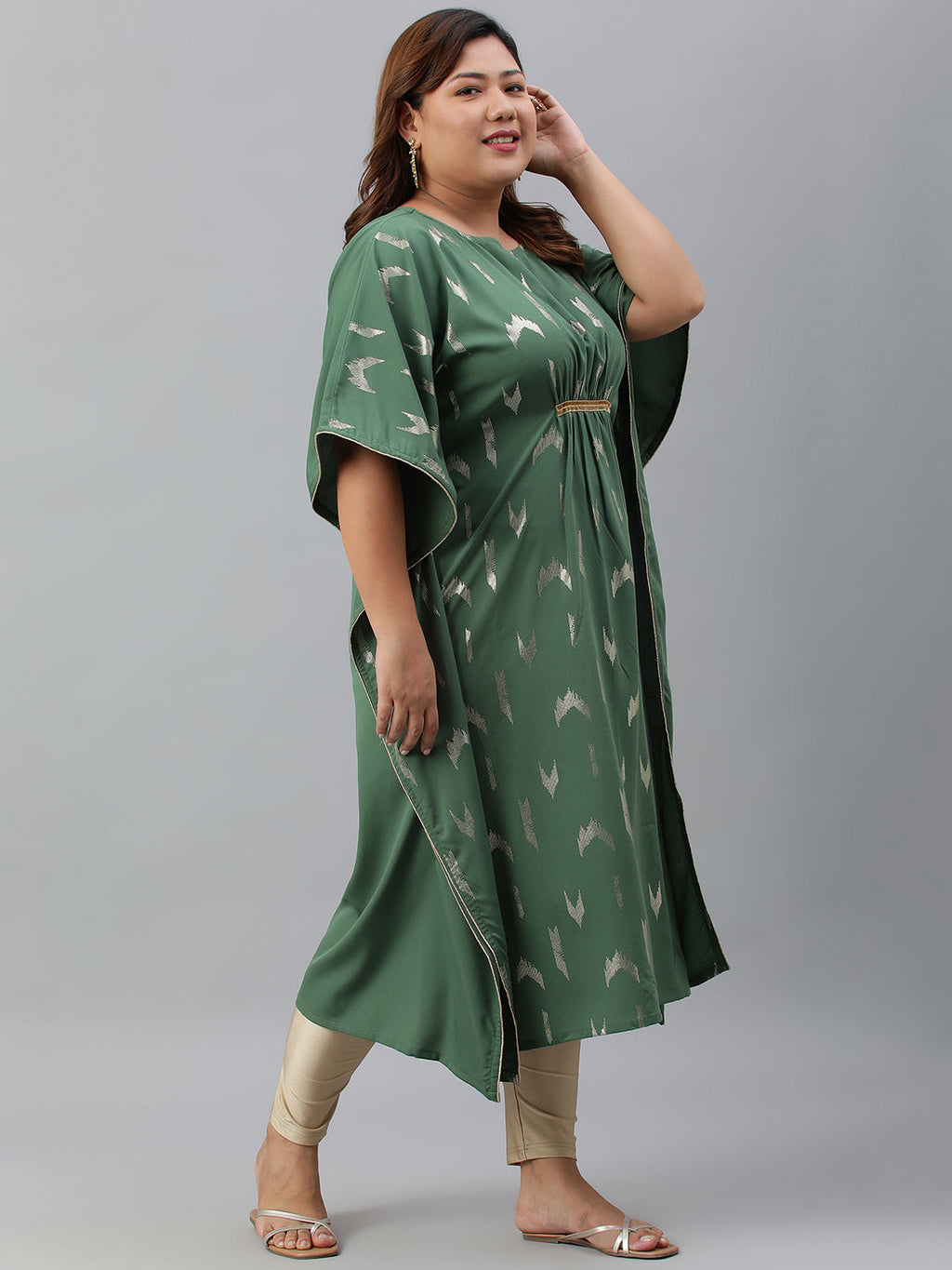 Janasya Women's Green Poly Crepe Foil Print Festive & Party Kaftan kurta | Grocsy