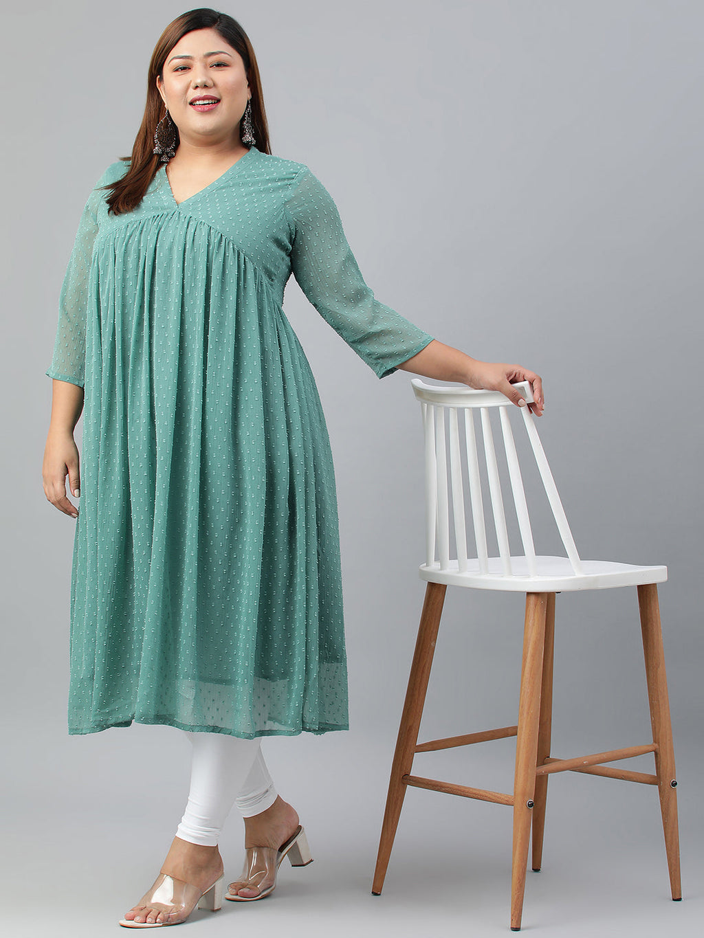 Indian Clothing Janasya Women's Green Poly Chiffon Self Design Casual Flared kurta | Grocsy