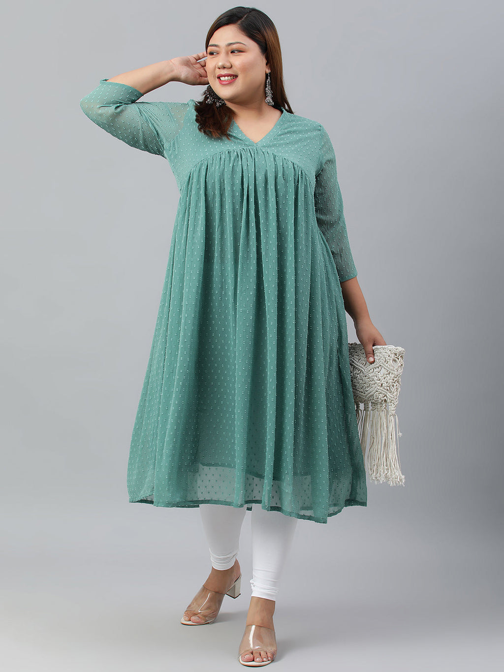 Indian Clothing Janasya Women's Green Poly Chiffon Self Design Casual Flared kurta | Grocsy