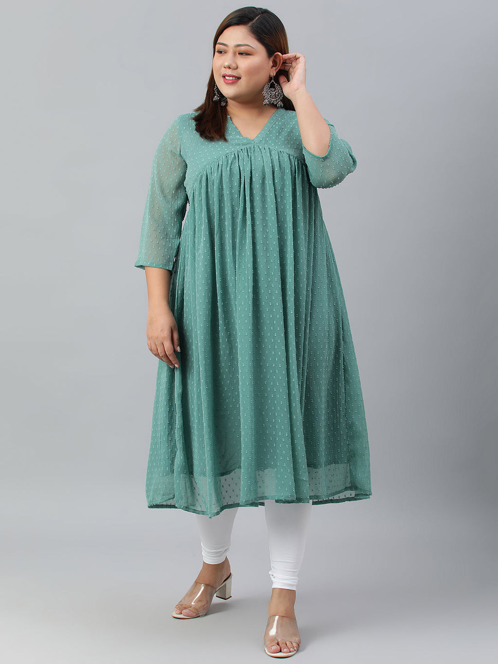 Indian Clothing Janasya Women's Green Poly Chiffon Self Design Casual Flared kurta | Grocsy