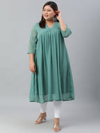 Indian Clothing Janasya Women's Green Poly Chiffon Self Design Casual Flared kurta | Grocsy