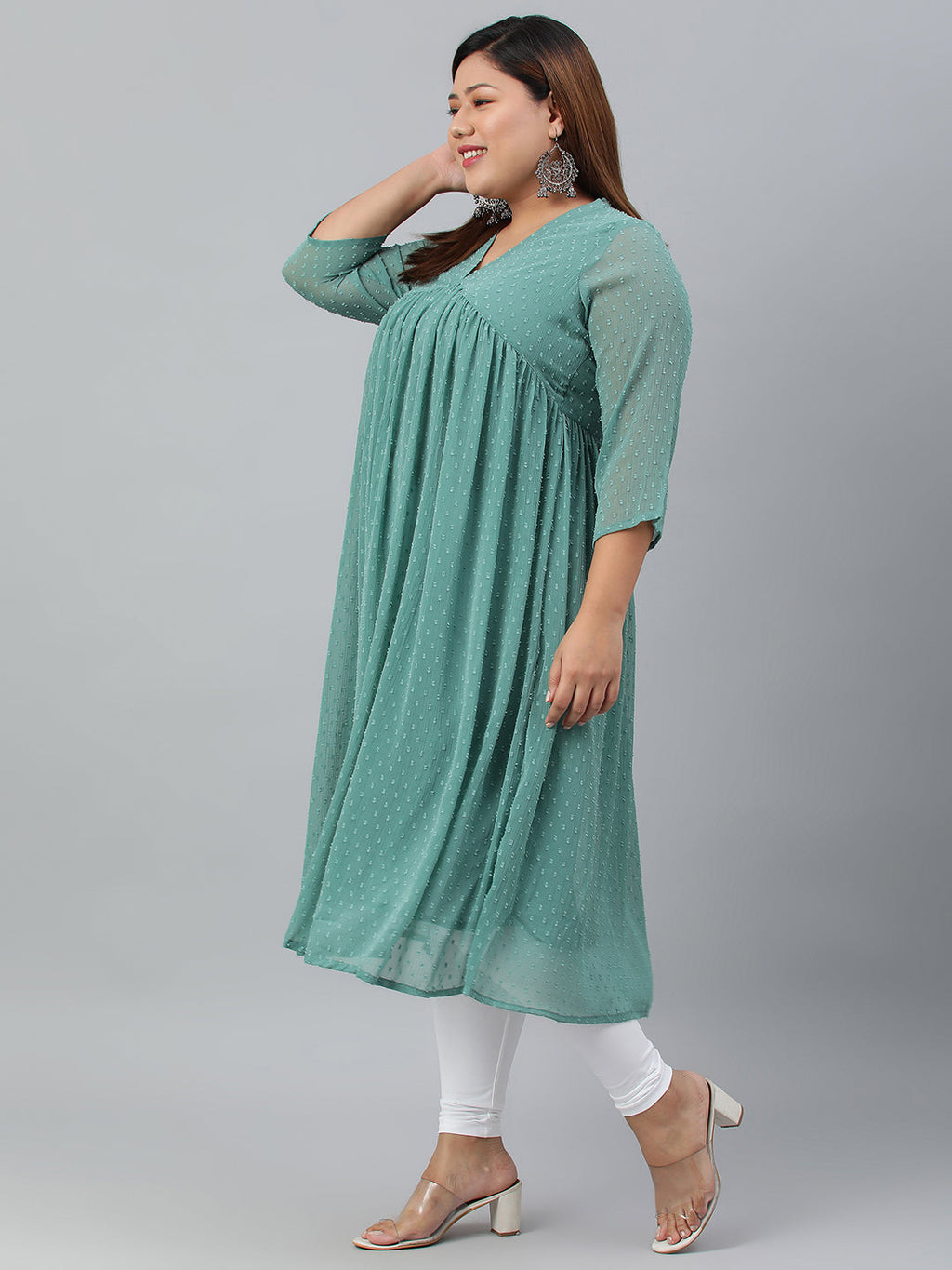 Indian Clothing Janasya Women's Green Poly Chiffon Self Design Casual Flared kurta | Grocsy