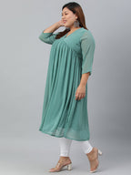 Indian Clothing Janasya Women's Green Poly Chiffon Self Design Casual Flared kurta | Grocsy