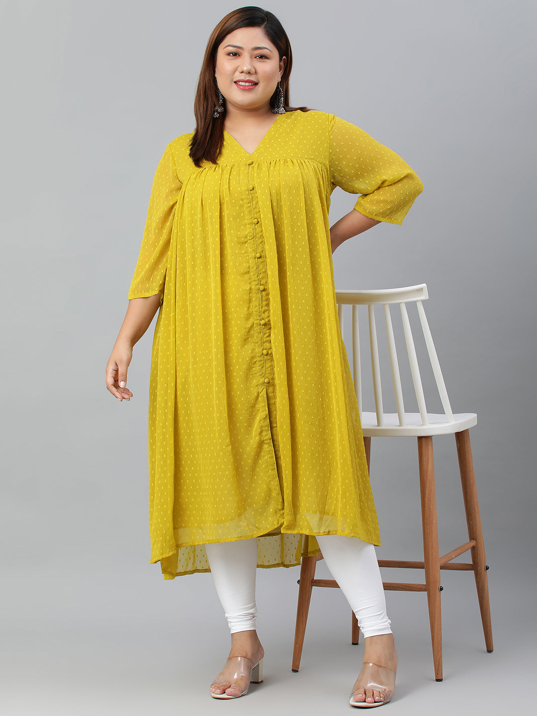 Janasya Women's Mustard Poly Chiffon Self Design Casual Flared kurta | Grocsy