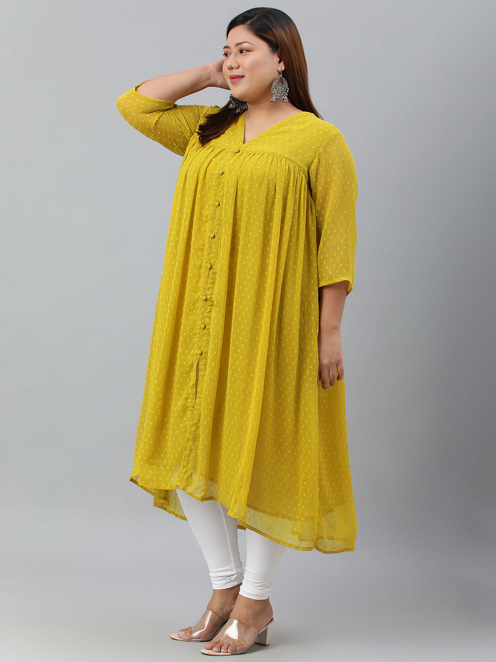Janasya Women's Mustard Poly Chiffon Self Design Casual Flared kurta | Grocsy