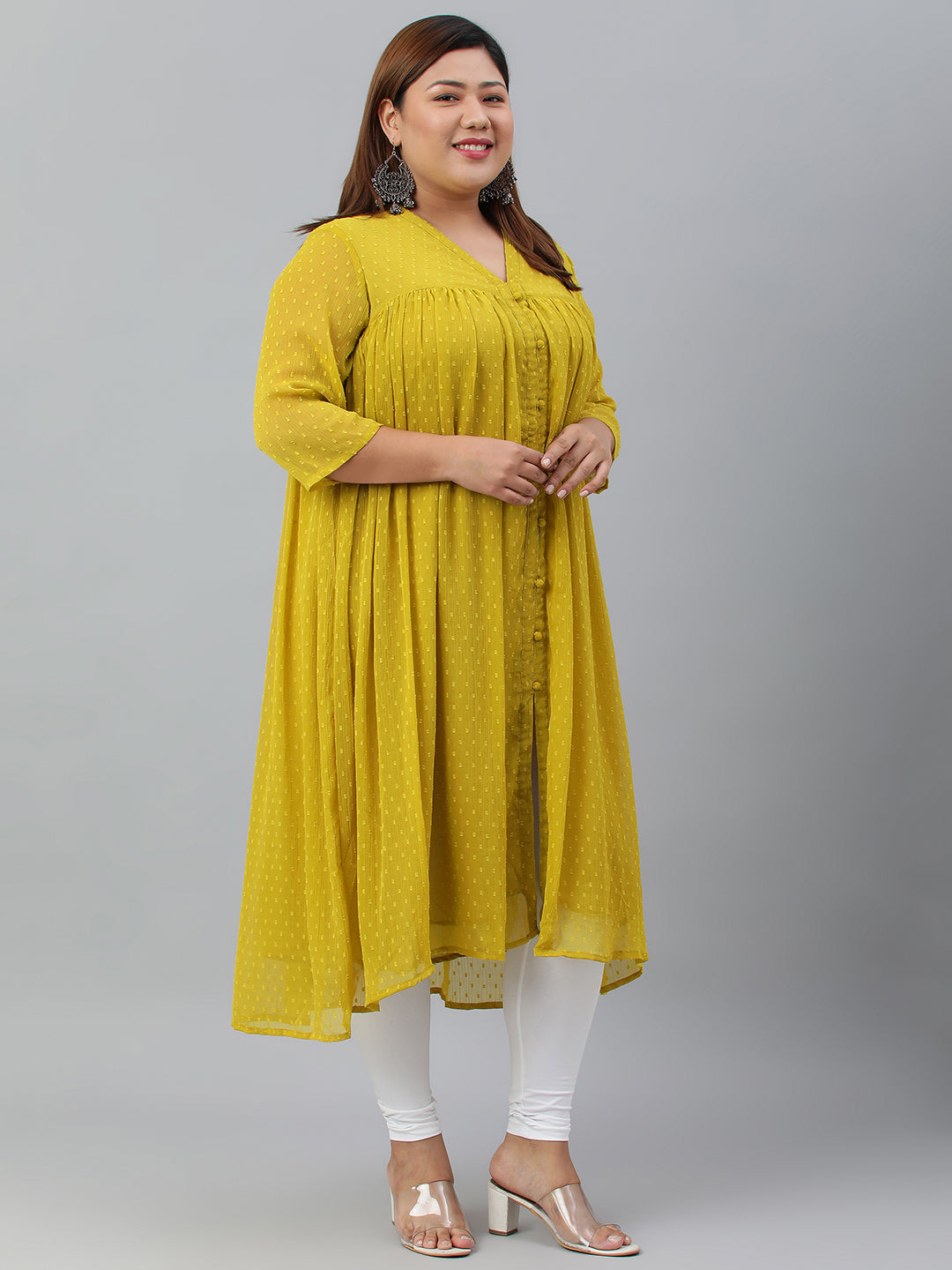 Janasya Women's Mustard Poly Chiffon Self Design Casual Flared kurta | Grocsy
