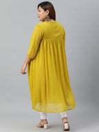 Janasya Women's Mustard Poly Chiffon Self Design Casual Flared kurta | Grocsy