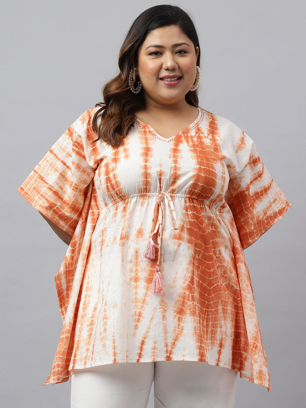 Janasya Women's Off White Cotton Tie Dye Casual Kaftan Tunic | Grocsy