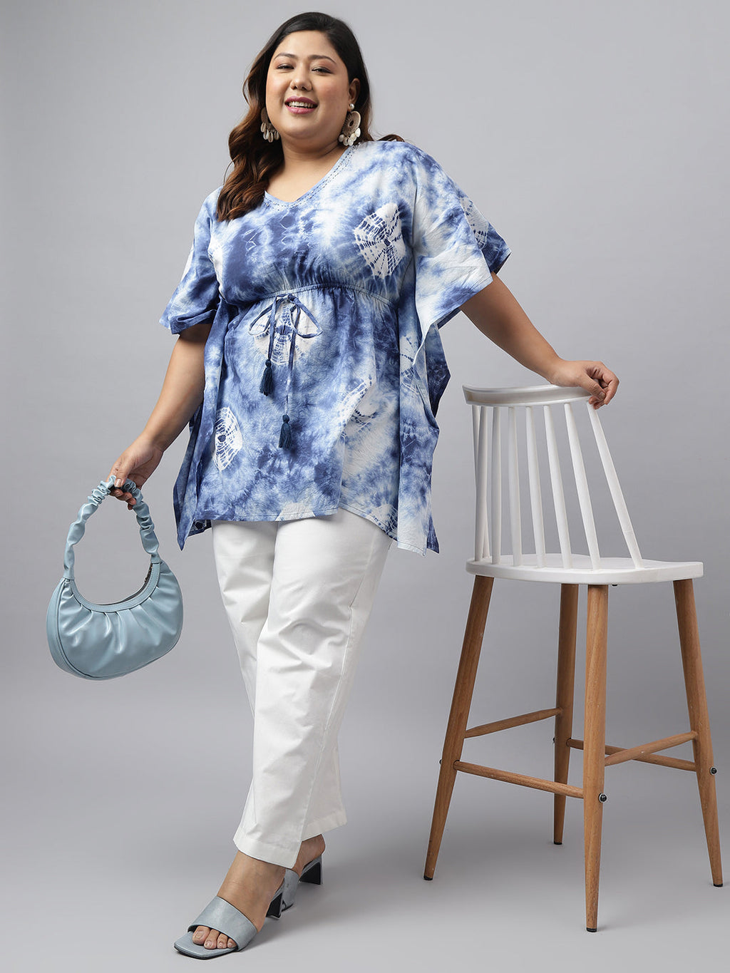 Janasya Women's Navy Blue Cotton Tie Dye Casual Kaftan Tunic | Grocsy