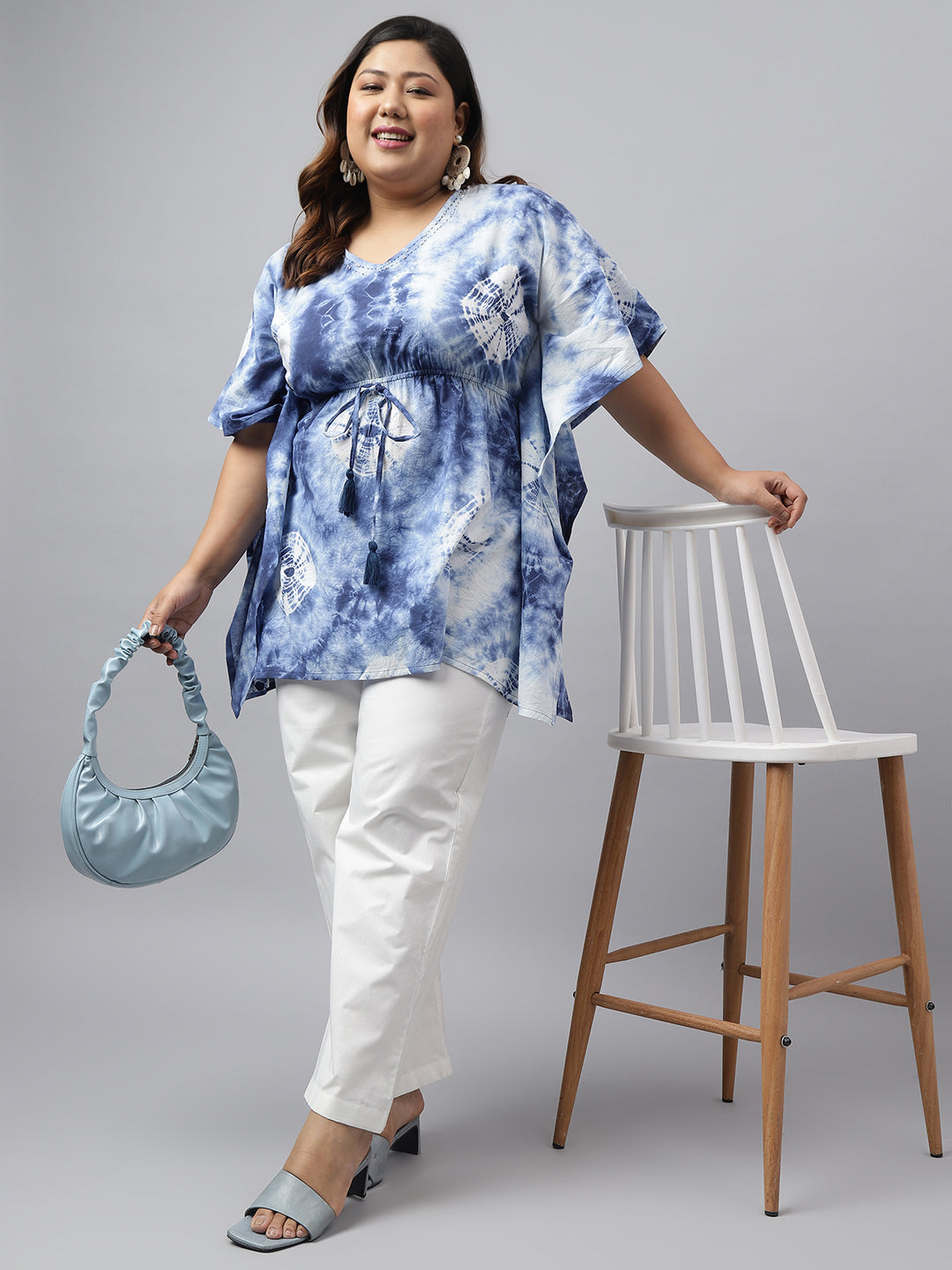 Janasya Women's Navy Blue Cotton Tie Dye Casual Kaftan Tunic | Grocsy