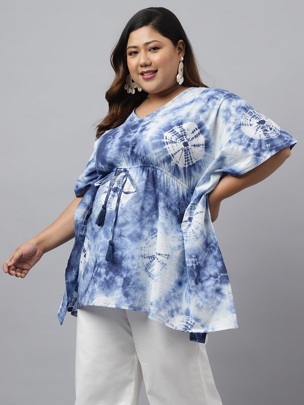 Janasya Women's Navy Blue Cotton Tie Dye Casual Kaftan Tunic | Grocsy