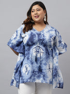Janasya Women's Navy Blue Cotton Tie Dye Casual Kaftan Tunic | Grocsy