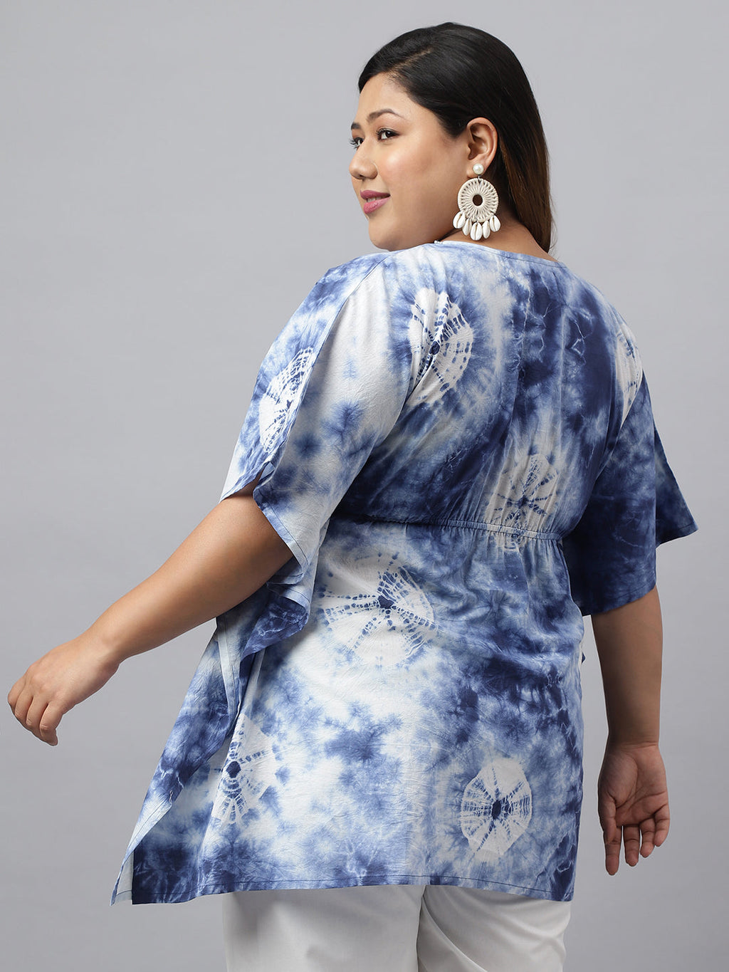 Janasya Women's Navy Blue Cotton Tie Dye Casual Kaftan Tunic | Grocsy
