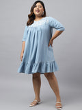 Janasya Women's Light Blue Denim Yoke Embroidered Casual Flared Western Dress | Grocsy