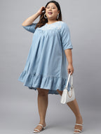 Janasya Women's Light Blue Denim Yoke Embroidered Casual Flared Western Dress | Grocsy