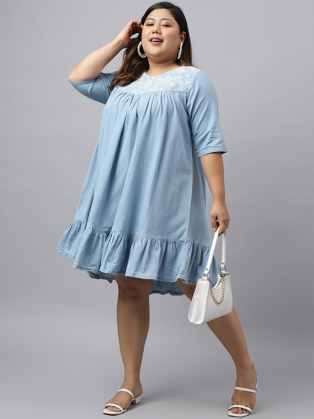 Janasya Women's Light Blue Denim Yoke Embroidered Casual Flared Western Dress | Grocsy
