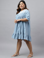 Janasya Women's Light Blue Denim Yoke Embroidered Casual Flared Western Dress | Grocsy