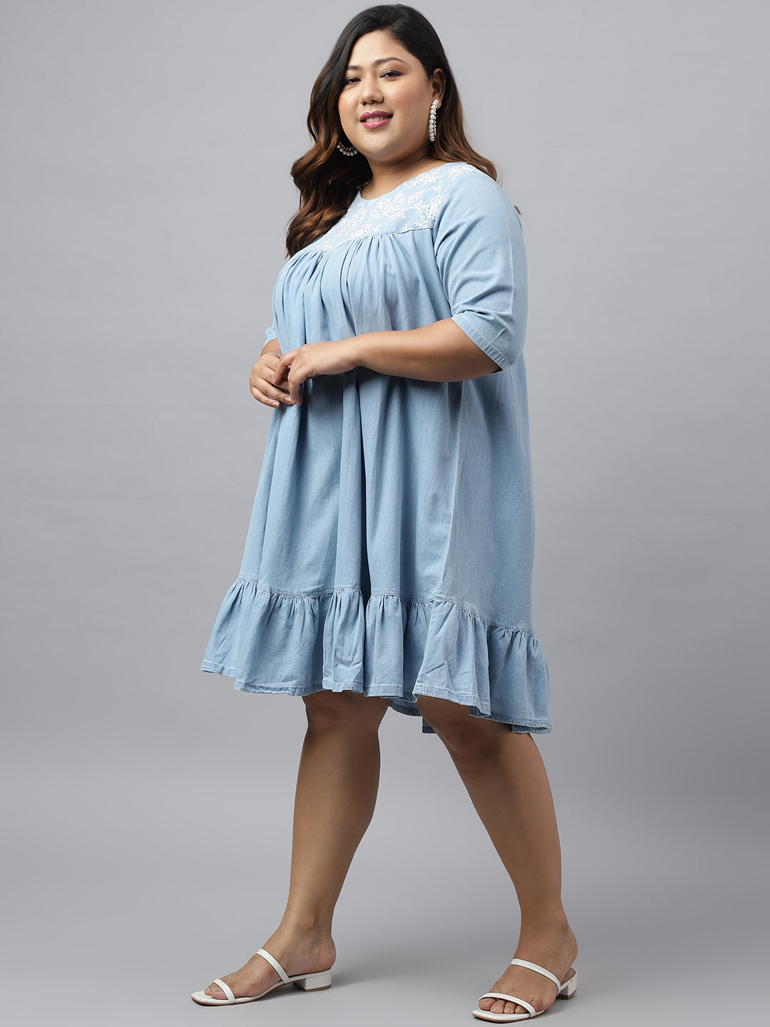 Janasya Women's Light Blue Denim Yoke Embroidered Casual Flared Western Dress | Grocsy
