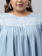 Janasya Women's Light Blue Denim Yoke Embroidered Casual Flared Western Dress | Grocsy
