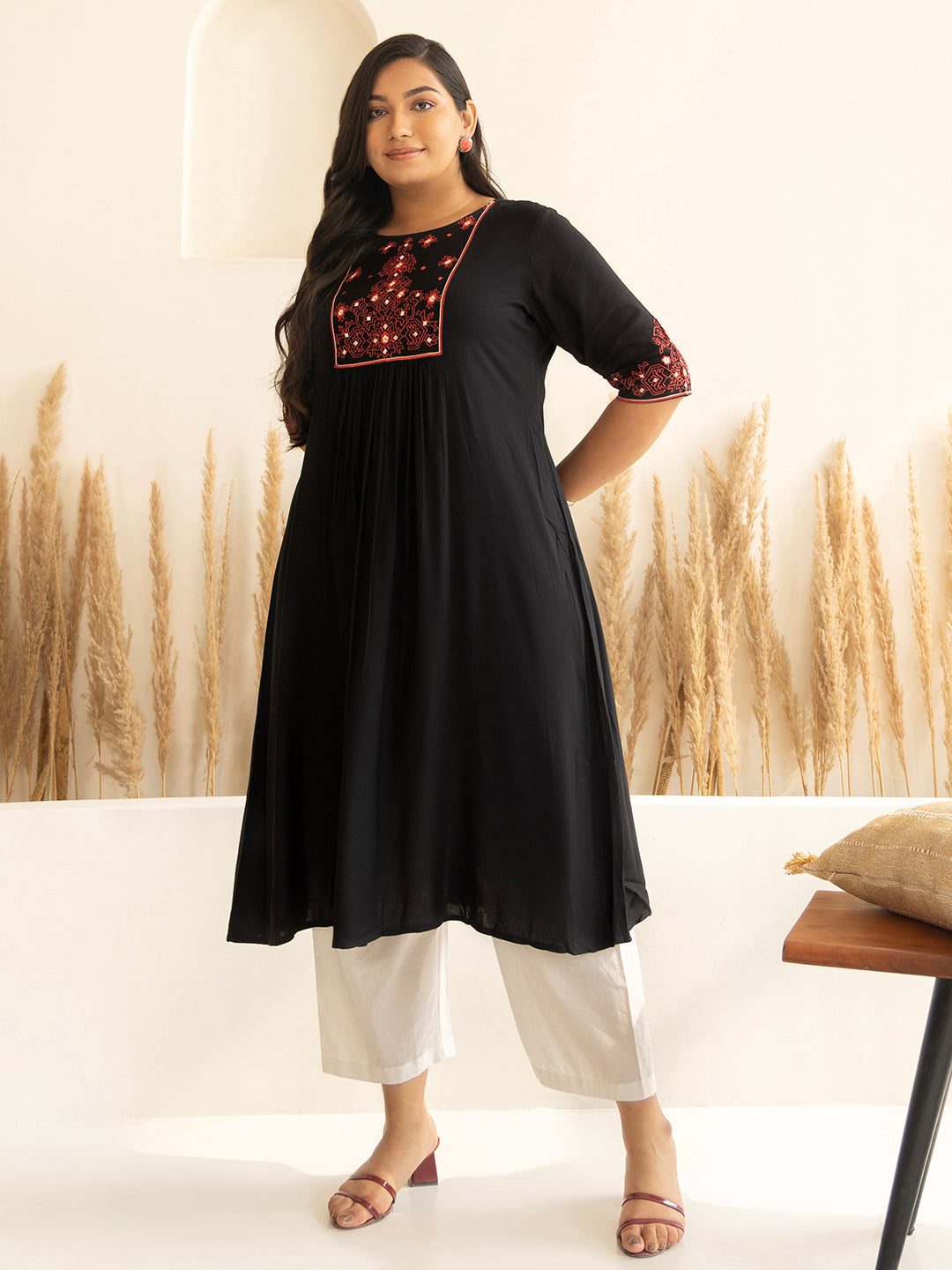 Janasya Black Rayon Yoke Embroidered kurta | Grocsy