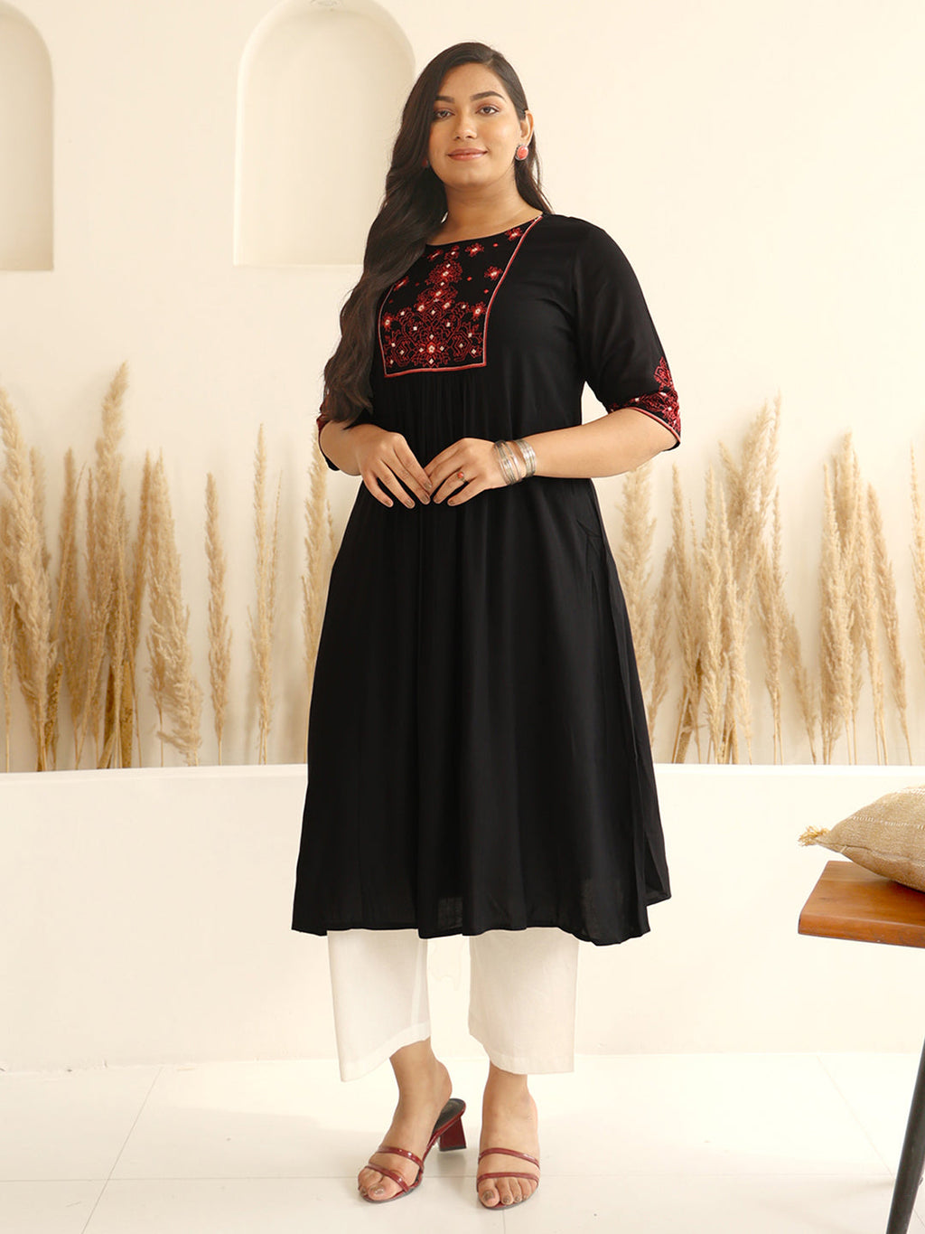 Janasya Black Rayon Yoke Embroidered kurta | Grocsy