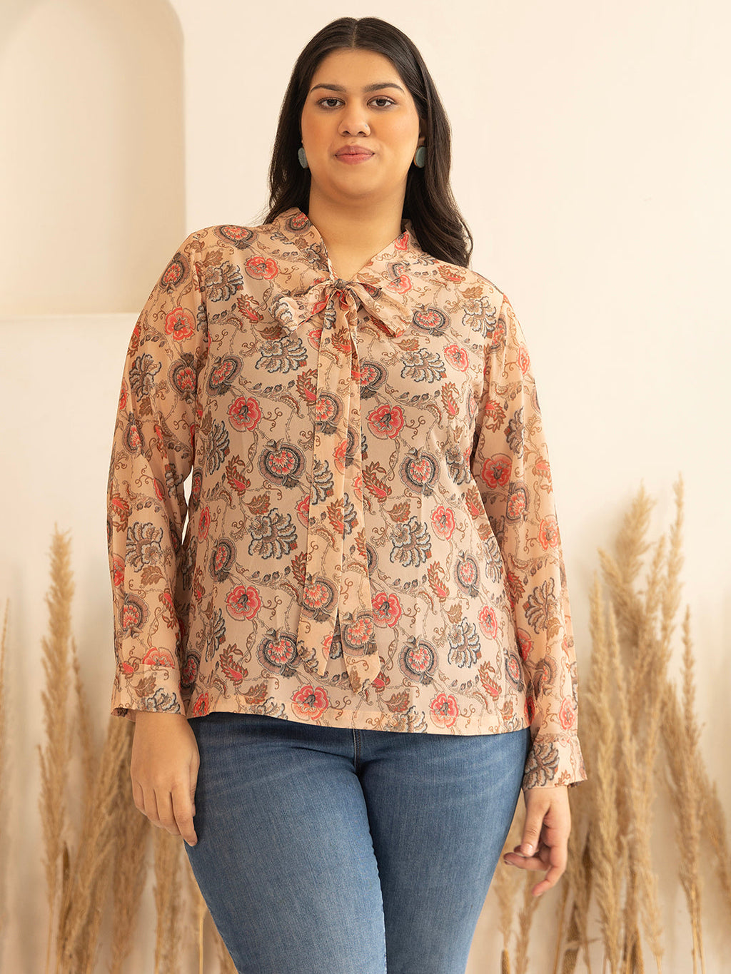 Janasya Peach Georgette Floral Printed Casual Top | Grocsy
