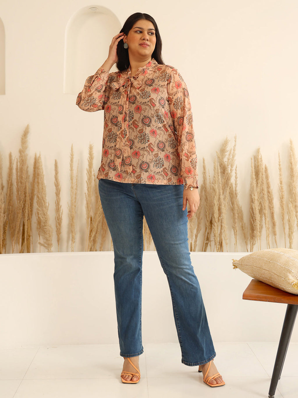 Janasya Peach Georgette Floral Printed Casual Top | Grocsy
