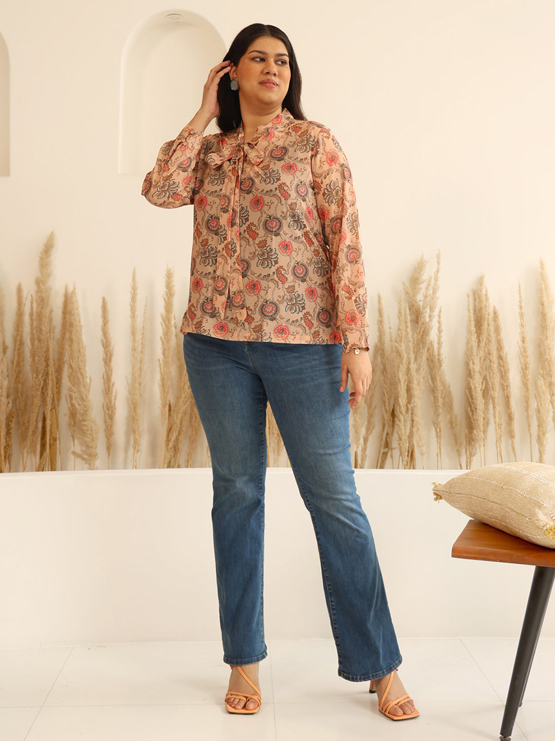 Janasya Peach Georgette Floral Printed Casual Top | Grocsy