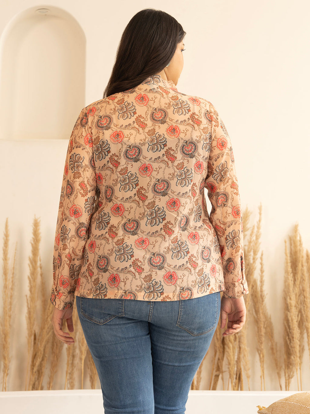 Janasya Peach Georgette Floral Printed Casual Top | Grocsy