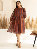 Janasya Rust Chiffon Lurex Floral Printed Casual Dress | Grocsy